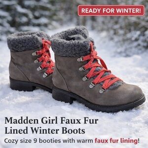 Madden Girl Faux Fur Lined Winter Boots Sz 9 Taupe Gray Cozy Sherpa Booties